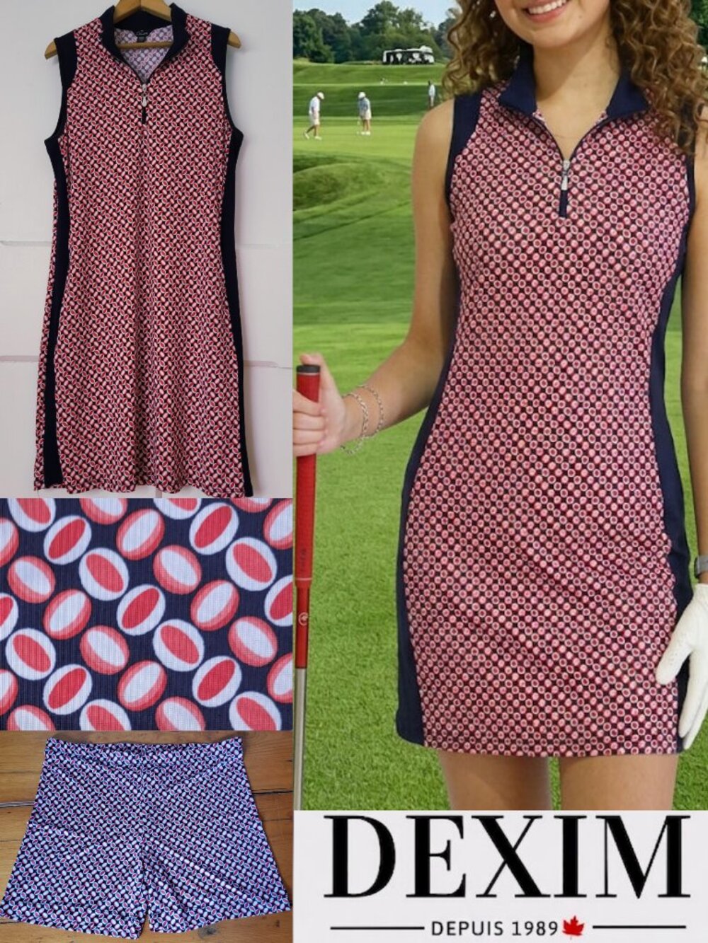 Dexim NWOT Nora Navy Red Golf Dress with shorts Tennis dress Retro Pattern
